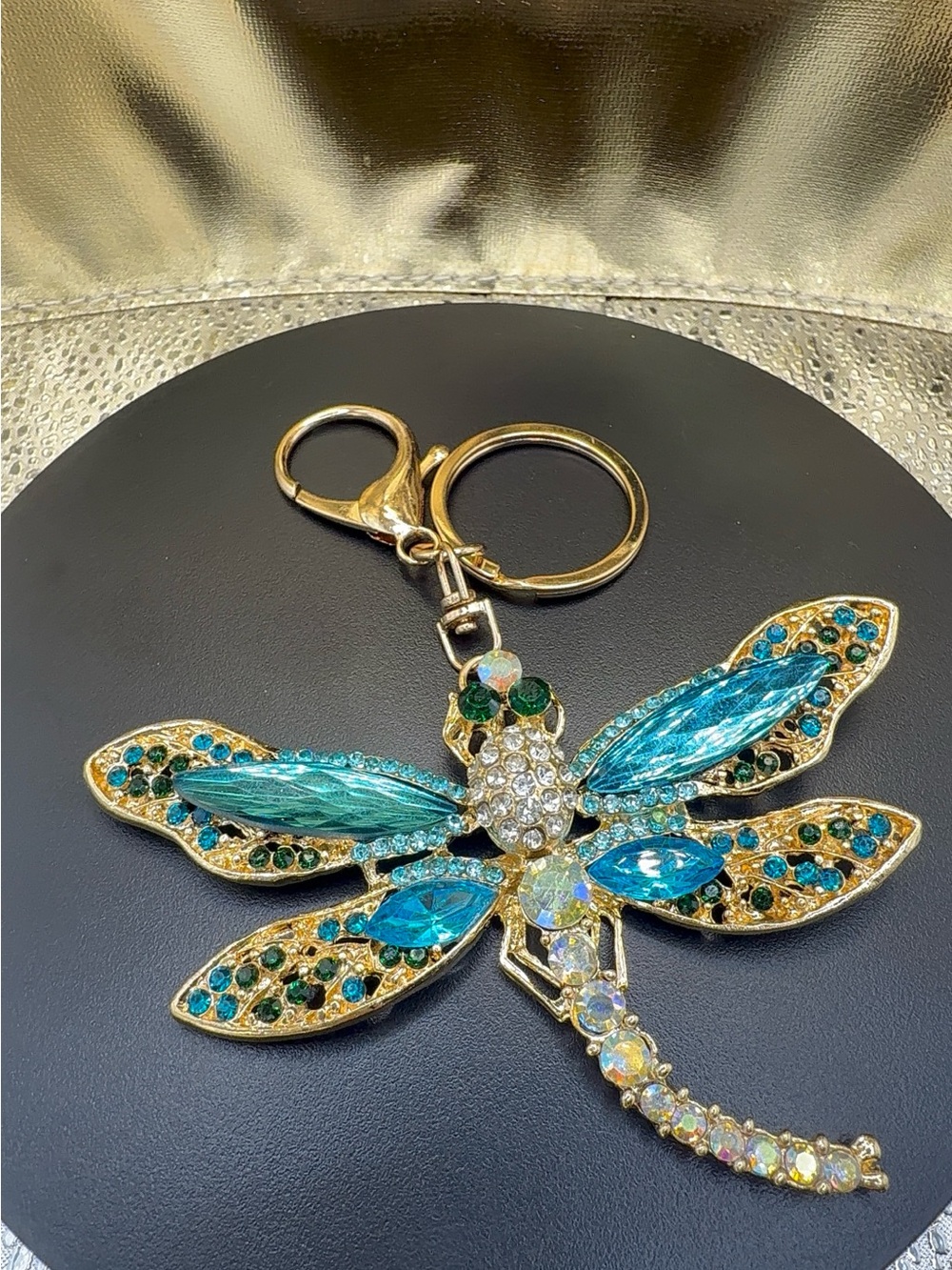 Gold Dragonfly Keychain with Blue and Green Crystals